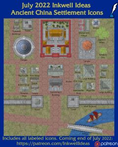 Ancient China Settlement Map Icons (2022 July). Get it via DriveThruRPG.
