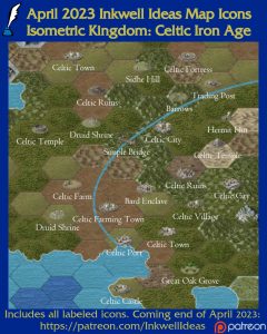 Celtic/Iron Age Isometric World/Kingdom Map Icons (2023 April). Get it via DriveThruRPG.