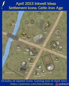 Celtic/Iron Age Settlement Map Icons (2023 April). Get it via DriveThruRPG.