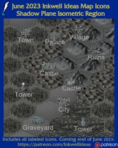 Shadowfell Isometric World/Kingdom Map Icons (2023 June). Get it via DriveThruRPG.