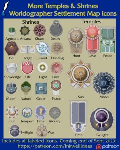 More Gods Settlement Map Icons (2023 September). Get it via DriveThruRPG.