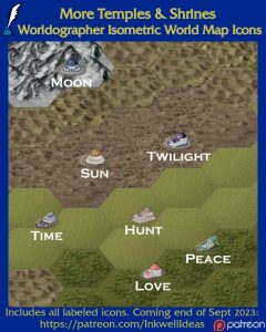 More Gods Isometric World/Kingdom Map Icons (2023 September). Get it via DriveThruRPG.