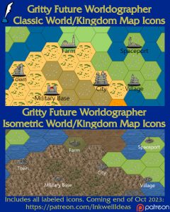Gritty Future Classic & Isometric World/Kingdom Map Icons (2023 October). Get it via DriveThruRPG.