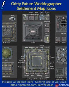 Gritty Future Settlement Map Icons (2023 October). Get it via DriveThruRPG.