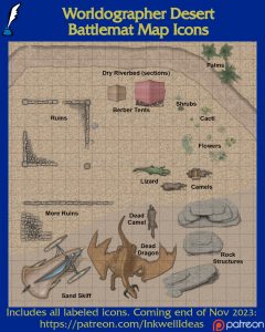 Desert Battlemat Map Icons (2023 November). Get it via DriveThruRPG.