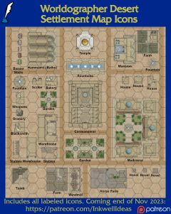 Desert Settlement Map Icons (2023 November). Get it via DriveThruRPG.
