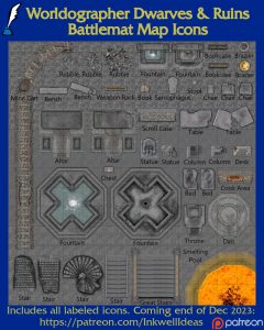 Dwarves & Ruins Battlemat Map Icons (2023 December). Get it via DriveThruRPG.