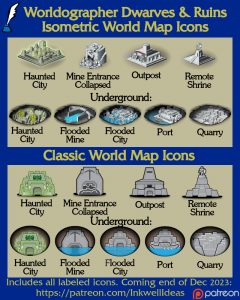 Dwarves & Ruins Classic & Isometric World/Kingdom Map Icons (2023 December). Get it via DriveThruRPG.