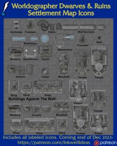 Dwarves & Ruins Settlement Map Icons (2023 December). Get it via DriveThruRPG.