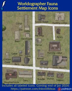 Fauna Settlement Map Icons (2024 January). Get it via DriveThruRPG.