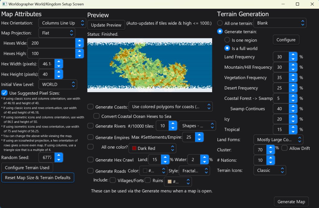 Worldographer World/Kingdom setup screen.