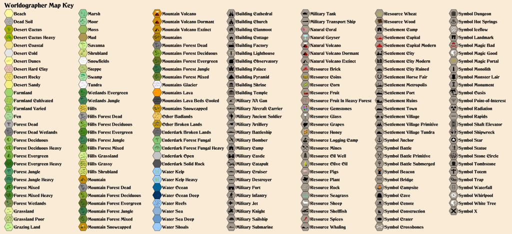 All the map symbols in Worldographer with meanings listed.